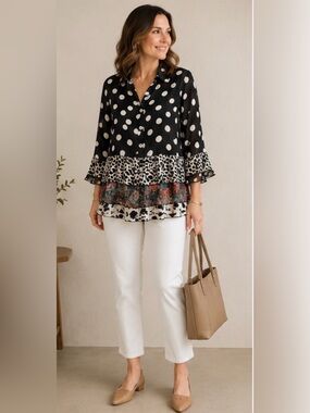 John Mark Mixed Print Polka Dot Ruffle Blouse Small Black White Animal Floral